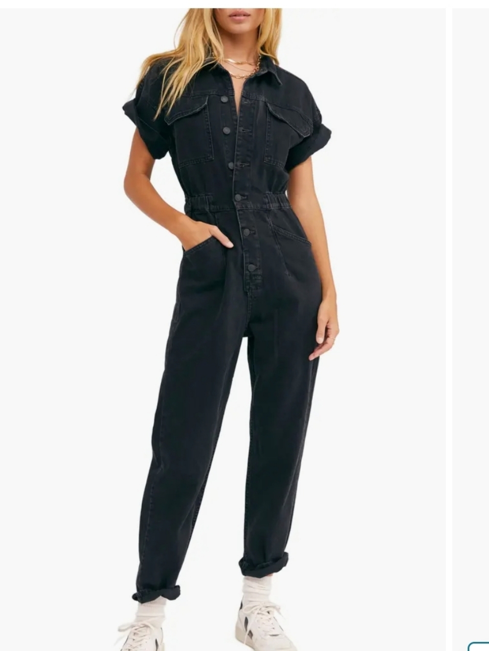 We The Free Marci Denim Black Short-Sleeve Utility Jumpsuit Sz XS 100% Cotton - Picture 2 of 16